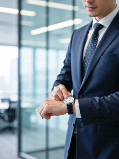 三十岁左右专业男性正面肖像,穿深蓝色西装,白色衬衫,浅蓝色领带,背景为现代办公室环境,明亮自然光线